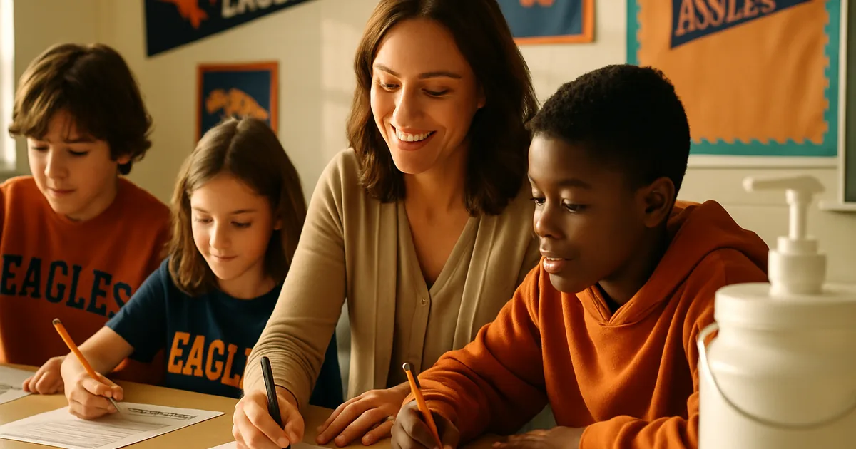 Teacher and students filling out fundraiser order forms at a classroom table