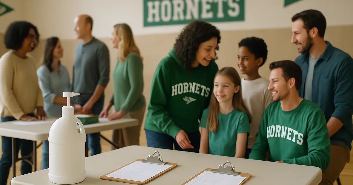 Parents, teachers and students at a school fundraiser kickoff in the gymnasium