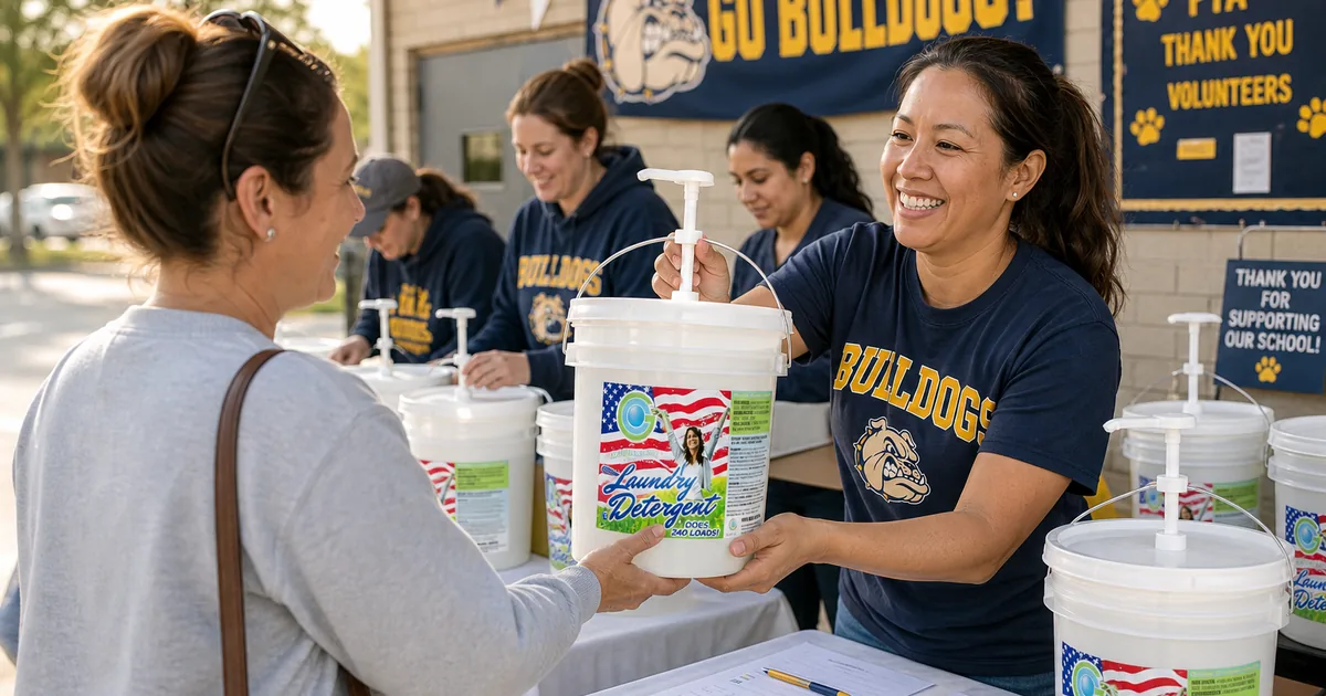 PTA volunteer handing a Good Clean Fundraising detergent bucket to a parent at a school pickup table