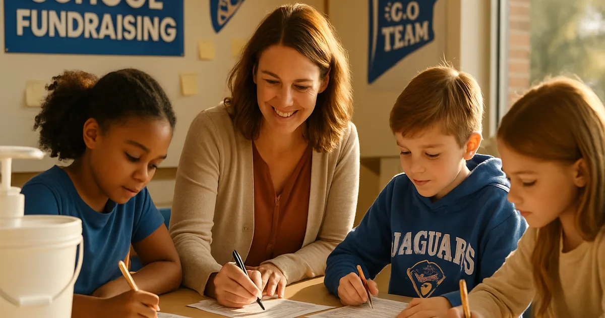 Teacher and students filling out fundraiser order forms at a classroom table
