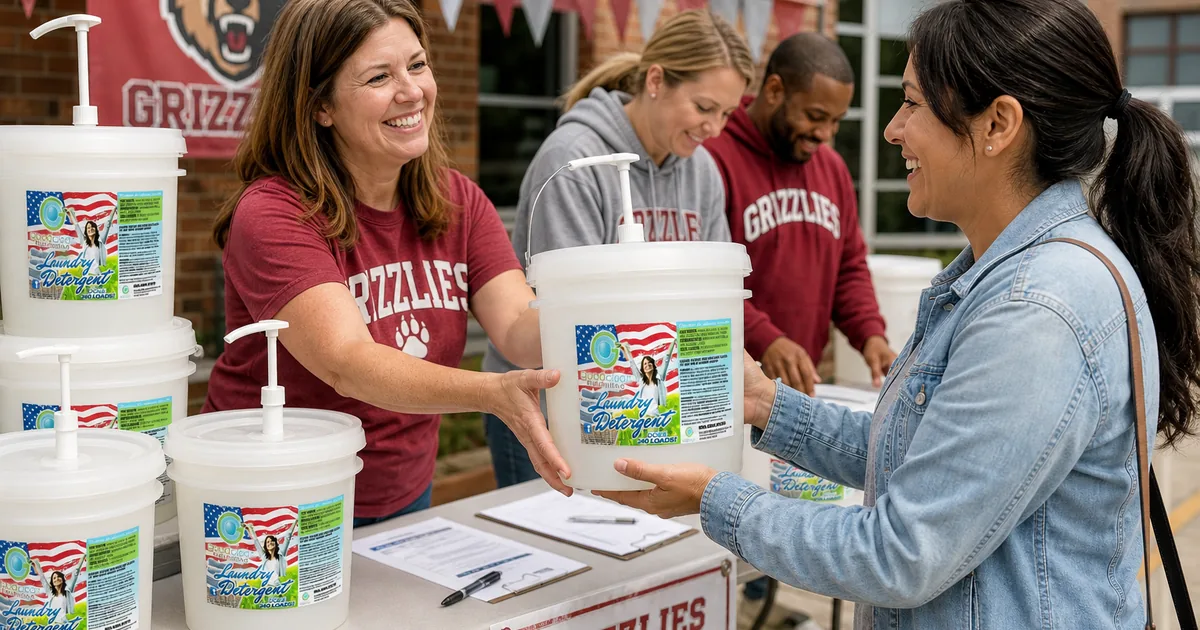PTA volunteer handing a Good Clean Fundraising detergent bucket to a parent at a school pickup table