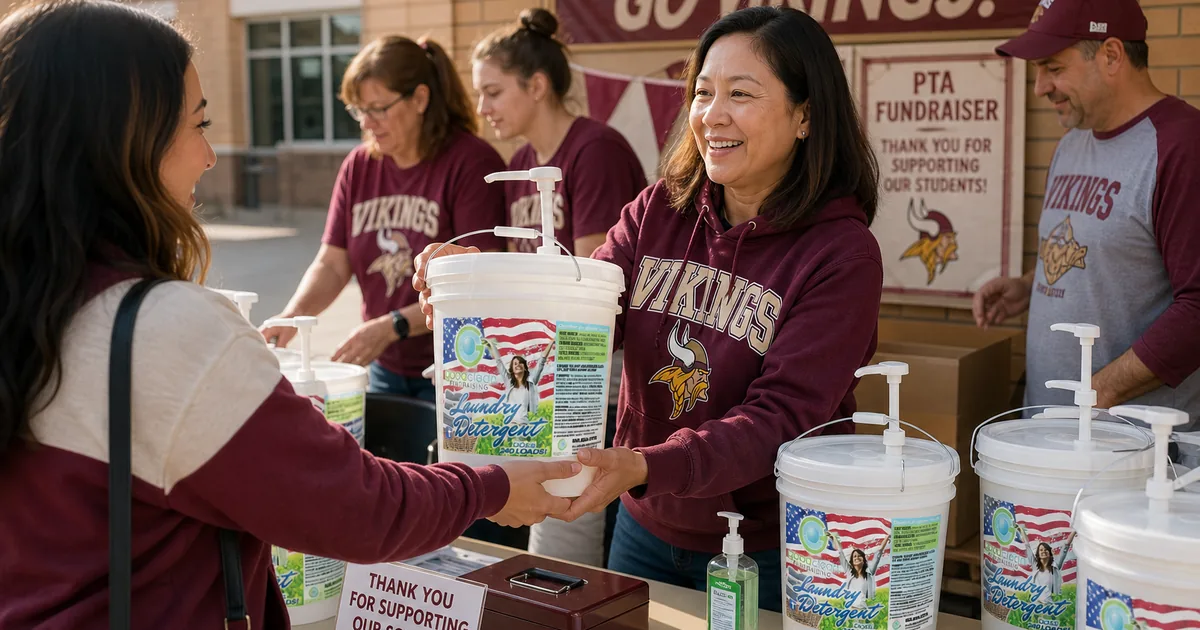 PTA volunteer handing a Good Clean Fundraising detergent bucket to a parent at a school pickup table