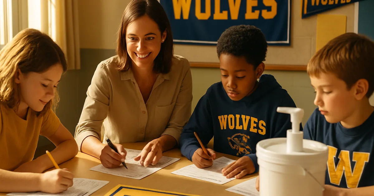 Teacher and students filling out fundraiser order forms at a classroom table