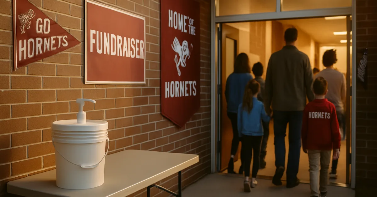 Families arriving at a school building for a fundraiser night