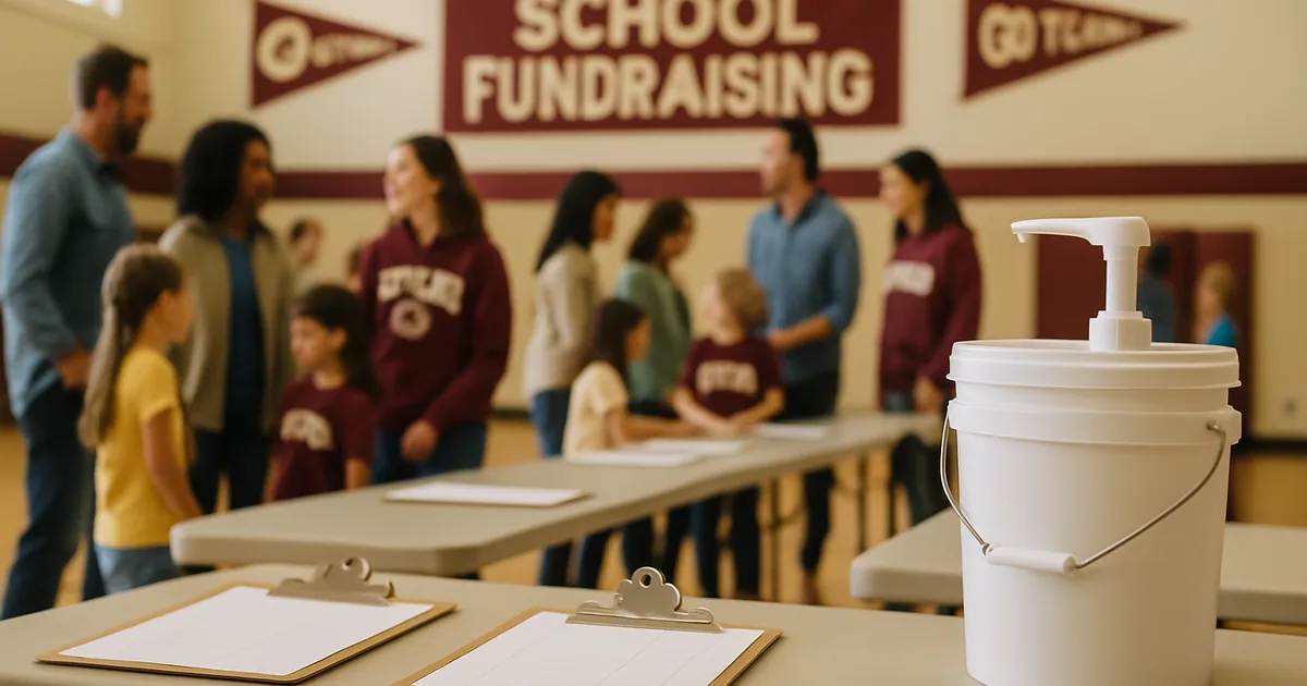 Parents, teachers and students at a school fundraiser kickoff in the gymnasium