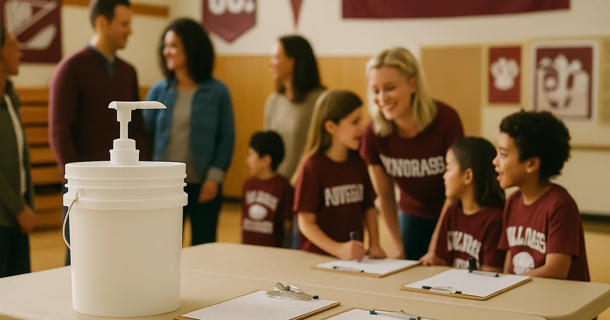 Parents, teachers and students at a school fundraiser kickoff in the gymnasium