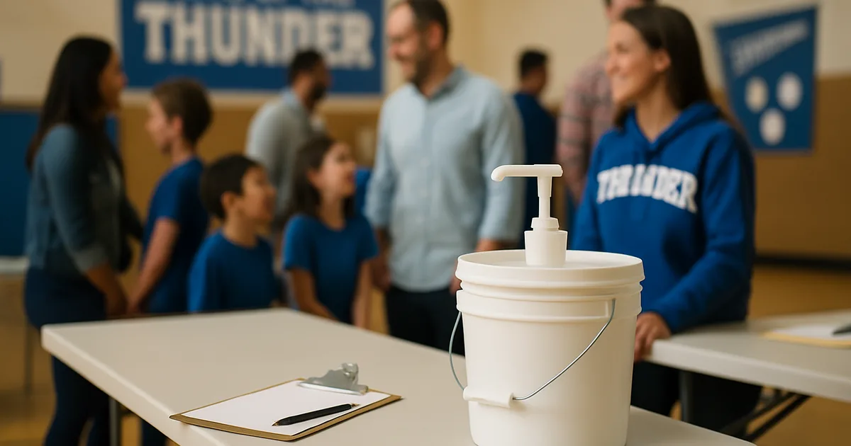 Parents, teachers and students at a school fundraiser kickoff in the gymnasium