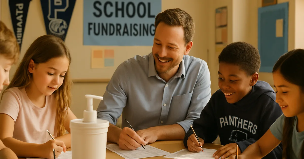 Teacher and students filling out fundraiser order forms at a classroom table