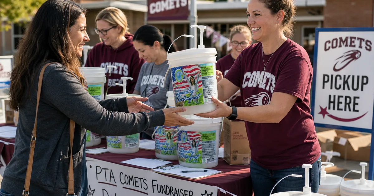 PTA volunteer handing a Good Clean Fundraising detergent bucket to a parent at a school pickup table