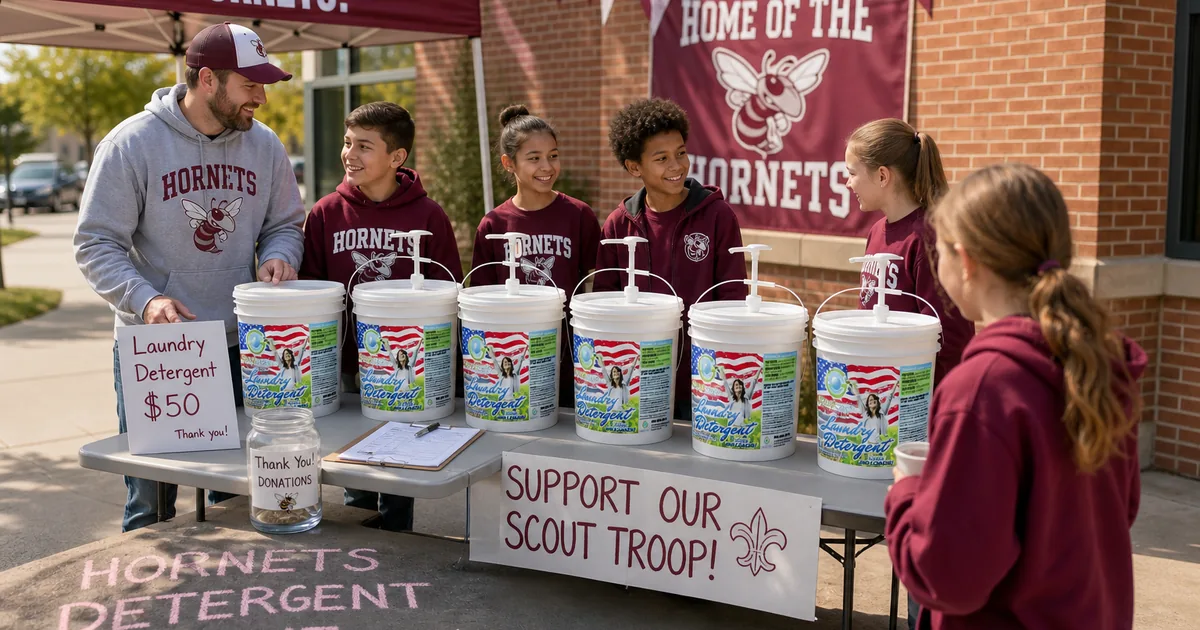 Young scouts and a leader at a fundraiser table with Good Clean Fundraising detergent buckets