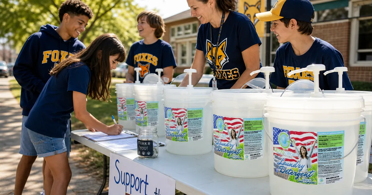 Young scouts and a leader at a fundraiser table with Good Clean Fundraising detergent buckets