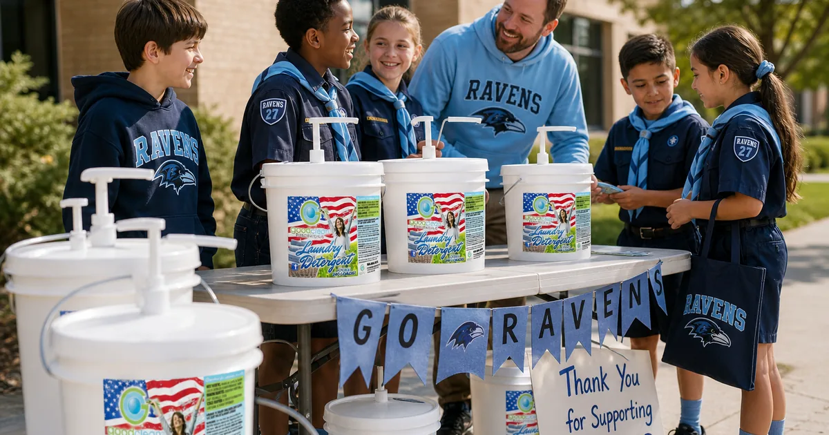 Young scouts and a leader at a fundraiser table with Good Clean Fundraising detergent buckets