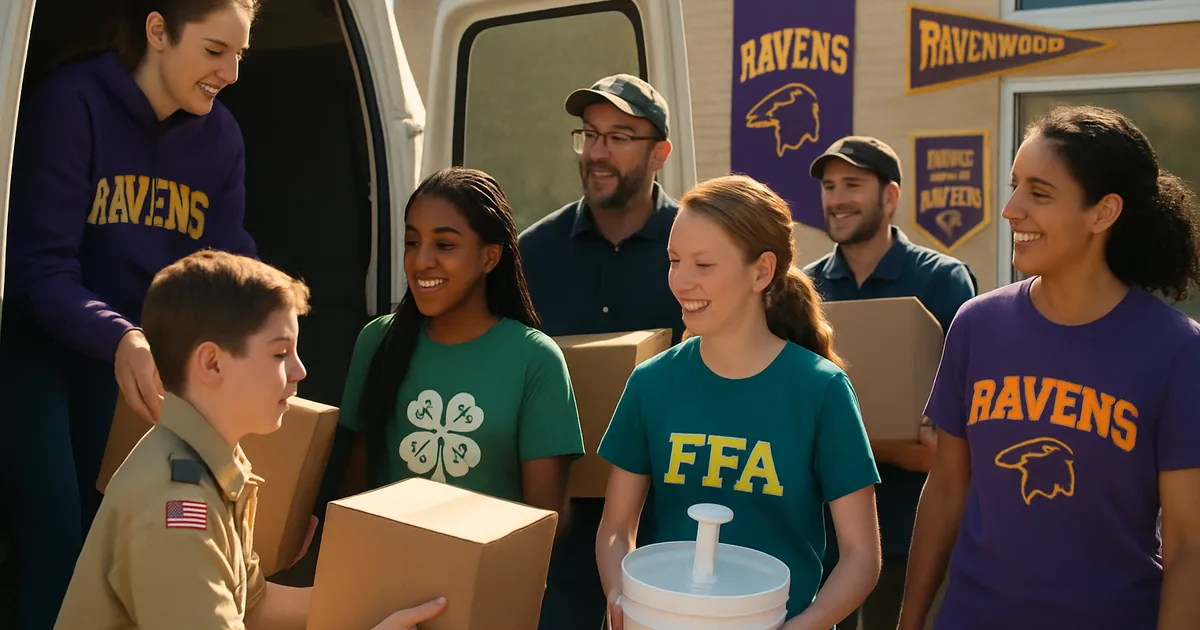 Youth group members and leaders loading fundraiser supplies into a van