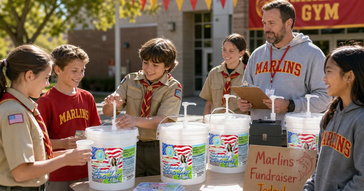 Young scouts and a leader at a fundraiser table with Good Clean Fundraising detergent buckets