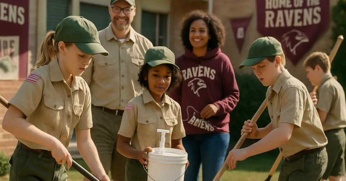 Scout troop and leaders working on a community service project outdoors