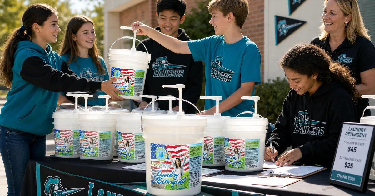 Young scouts and a leader at a fundraiser table with Good Clean Fundraising detergent buckets