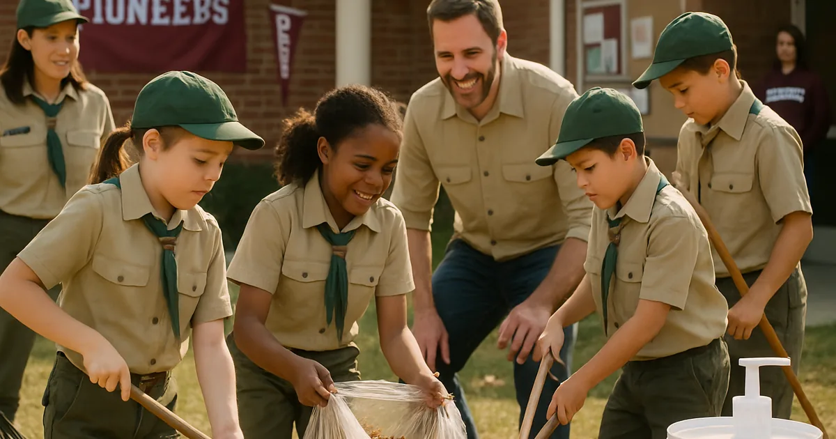 Scout troop and leaders working on a community service project outdoors