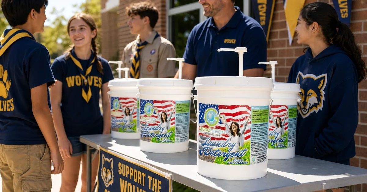 Young scouts and a leader at a fundraiser table with Good Clean Fundraising detergent buckets