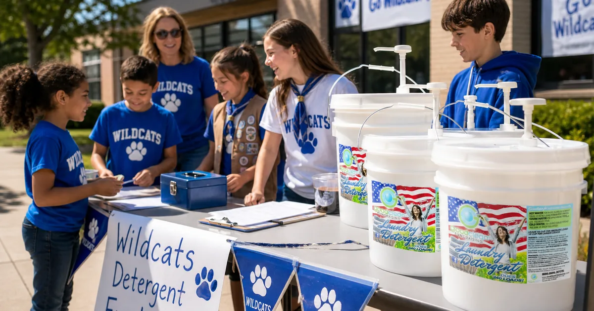 Young scouts and a leader at a fundraiser table with Good Clean Fundraising detergent buckets