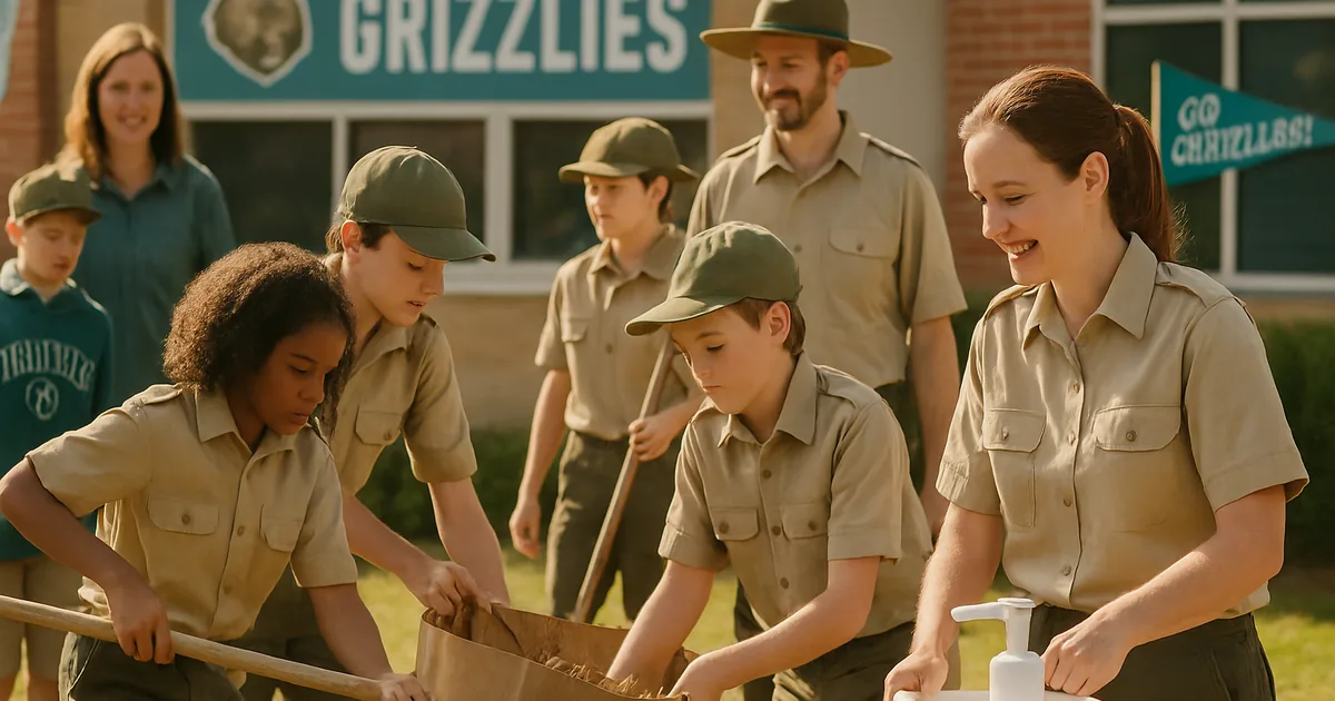 Scout troop and leaders working on a community service project outdoors