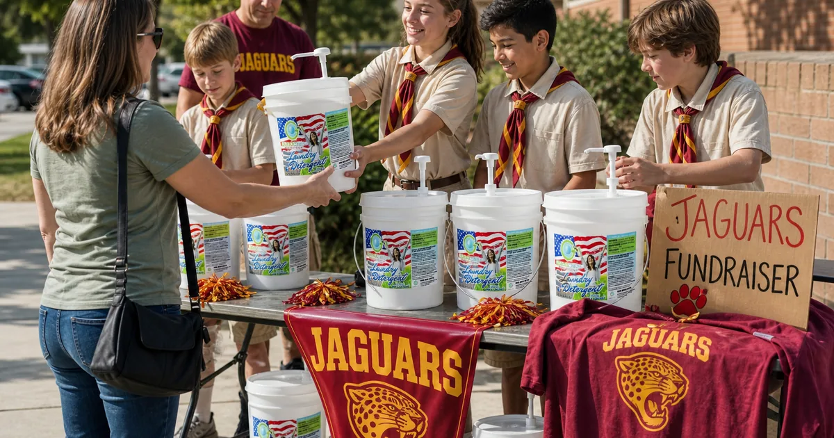 Young scouts and a leader at a fundraiser table with Good Clean Fundraising detergent buckets