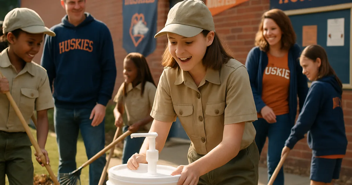 Scout troop and leaders working on a community service project outdoors