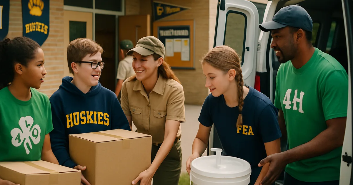 Youth group members and leaders loading fundraiser supplies into a van