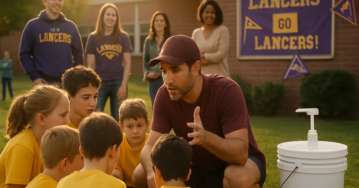 Youth sports team huddled with their coach on a practice field at golden hour