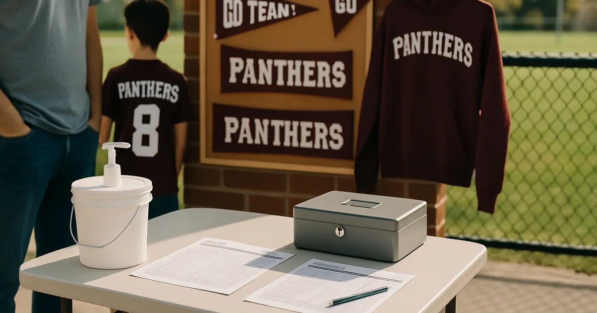 Parents and young athletes at a fundraiser check-in table beside a sports field