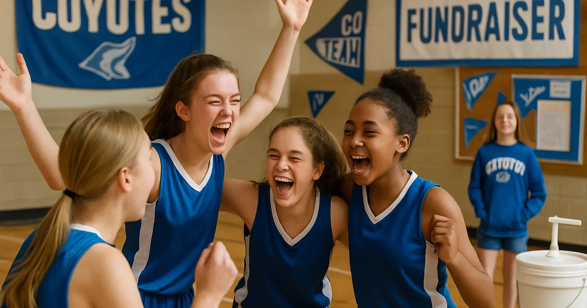 Youth team celebrating together on an indoor court
