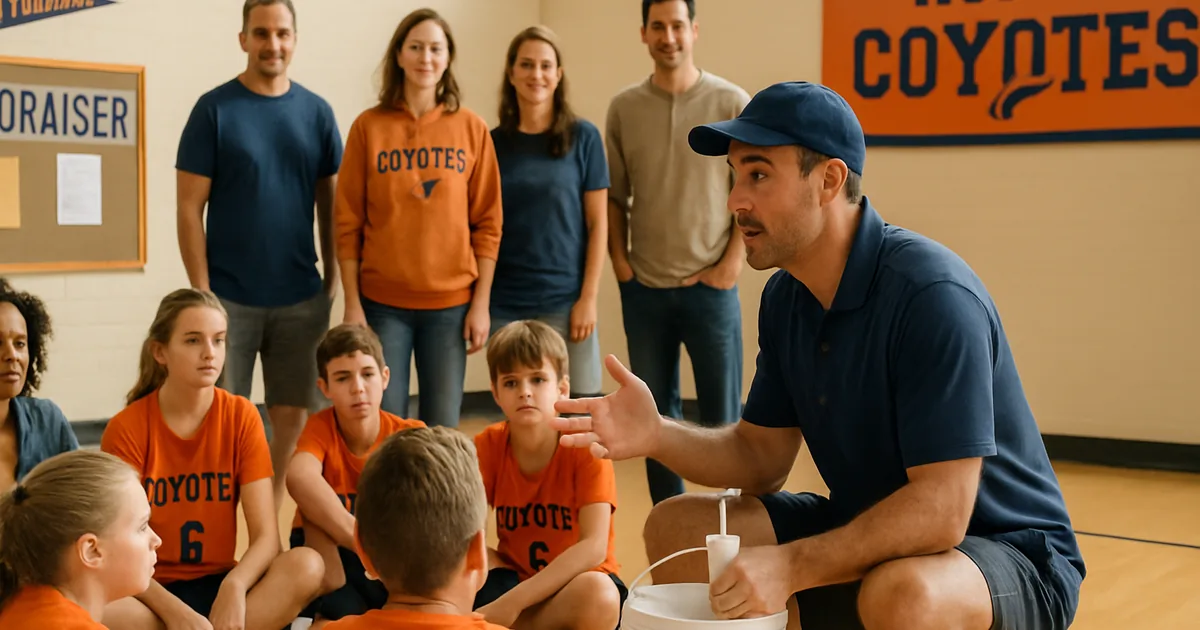 Coach talking with young players and parents seated on a gym floor