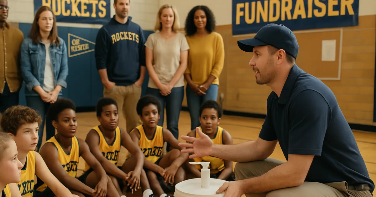 Coach talking with young players and parents seated on a gym floor