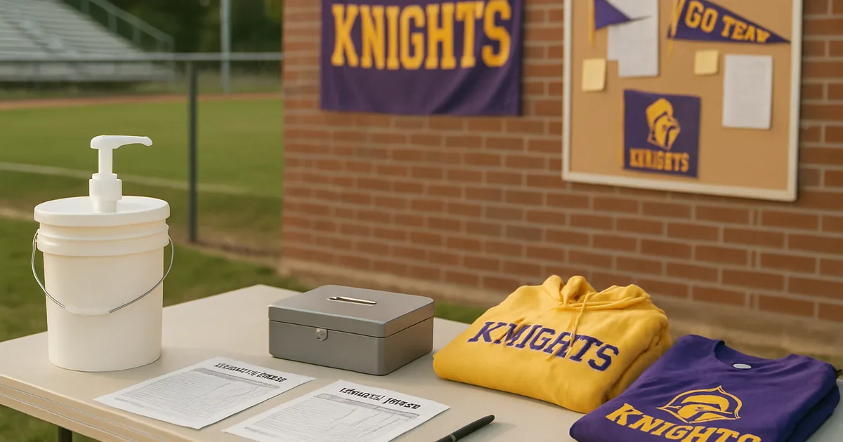 Parents and young athletes at a fundraiser check-in table beside a sports field