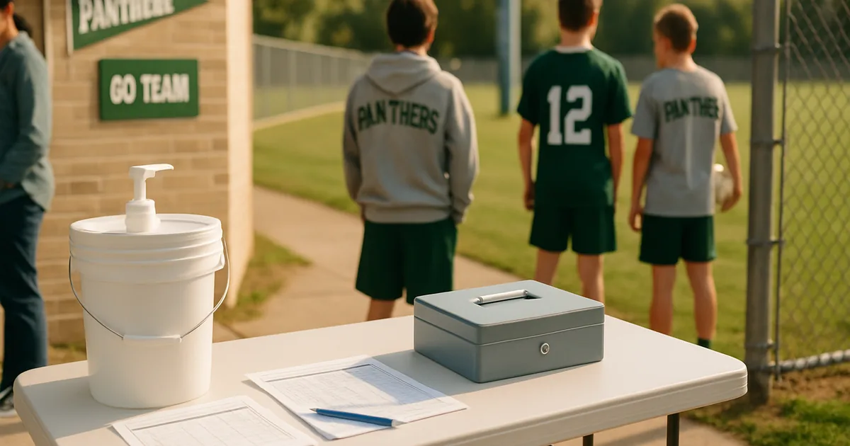Parents and young athletes at a fundraiser check-in table beside a sports field