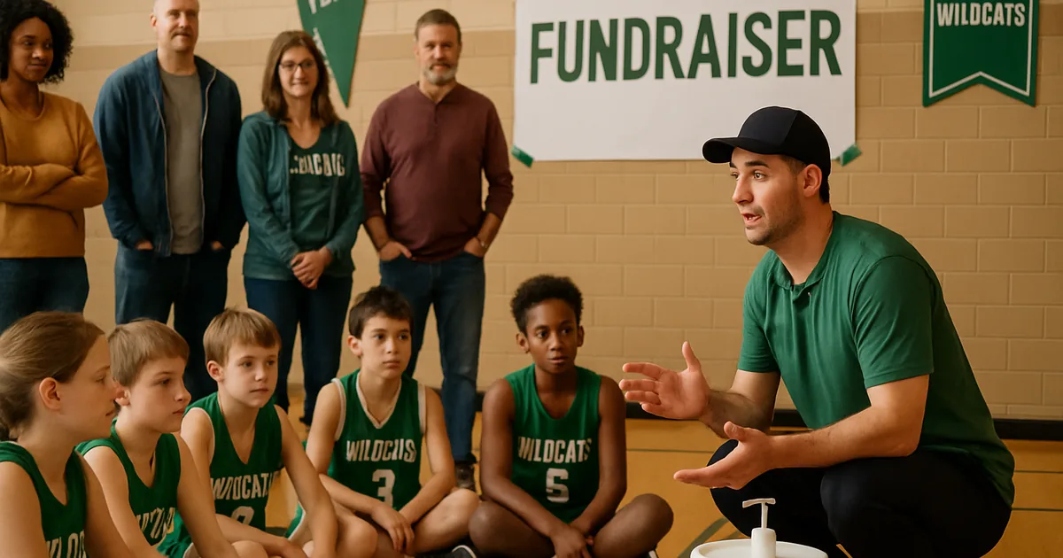 Coach talking with young players and parents seated on a gym floor