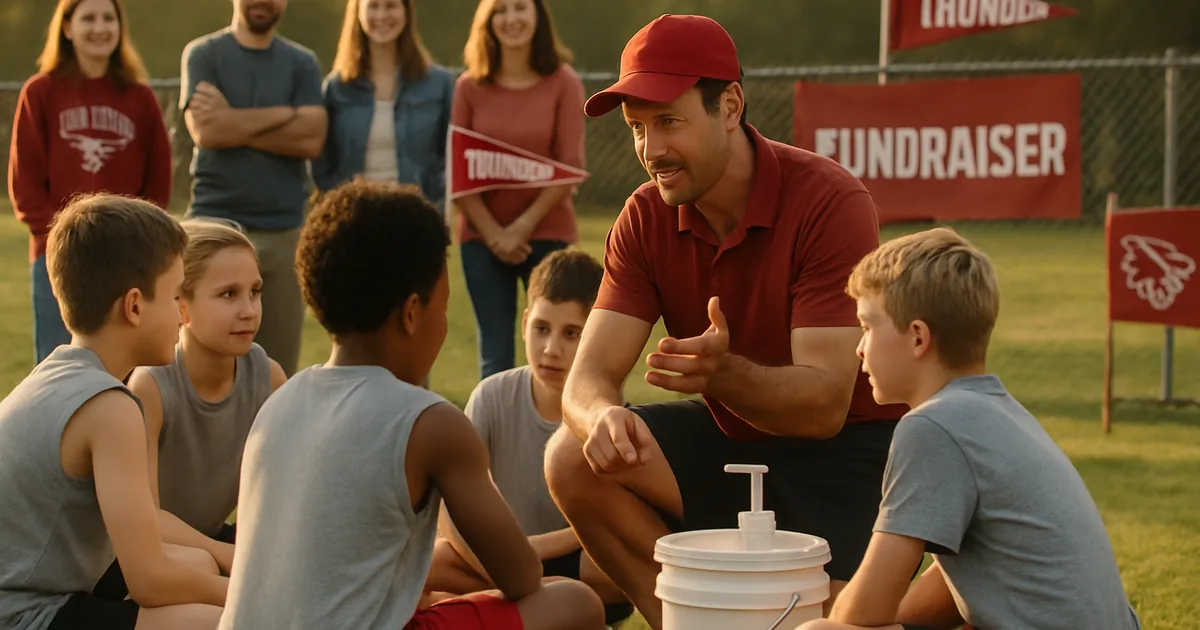 Youth sports team huddled with their coach on a practice field at golden hour