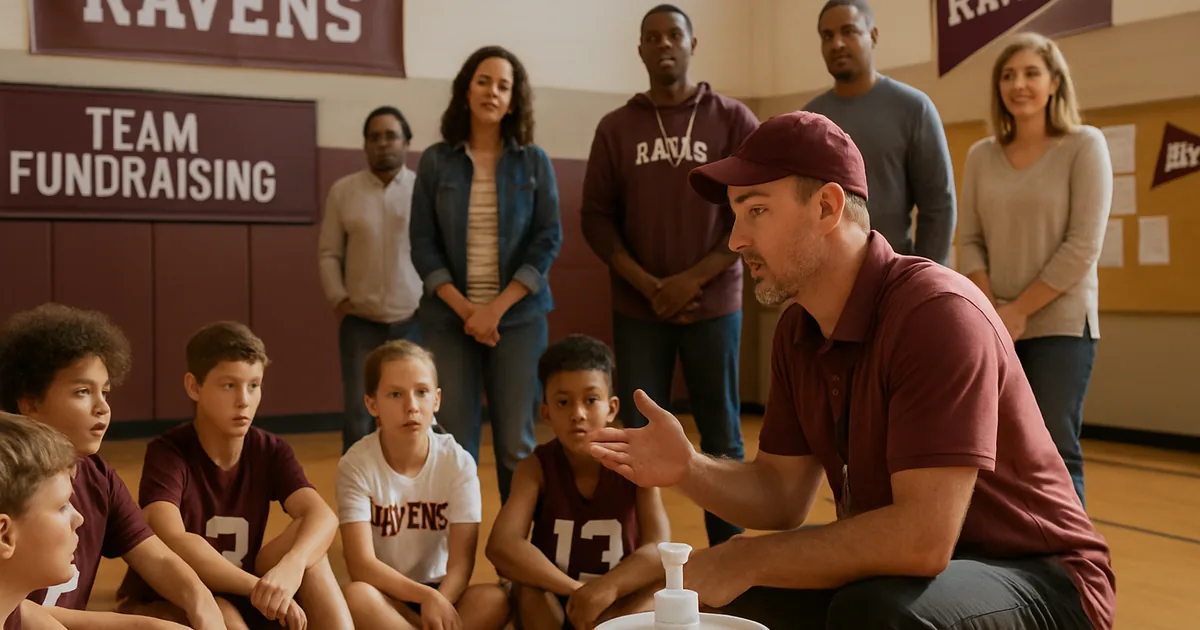 Coach talking with young players and parents seated on a gym floor