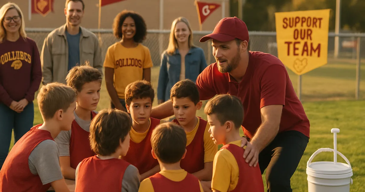 Youth sports team huddled with their coach on a practice field at golden hour