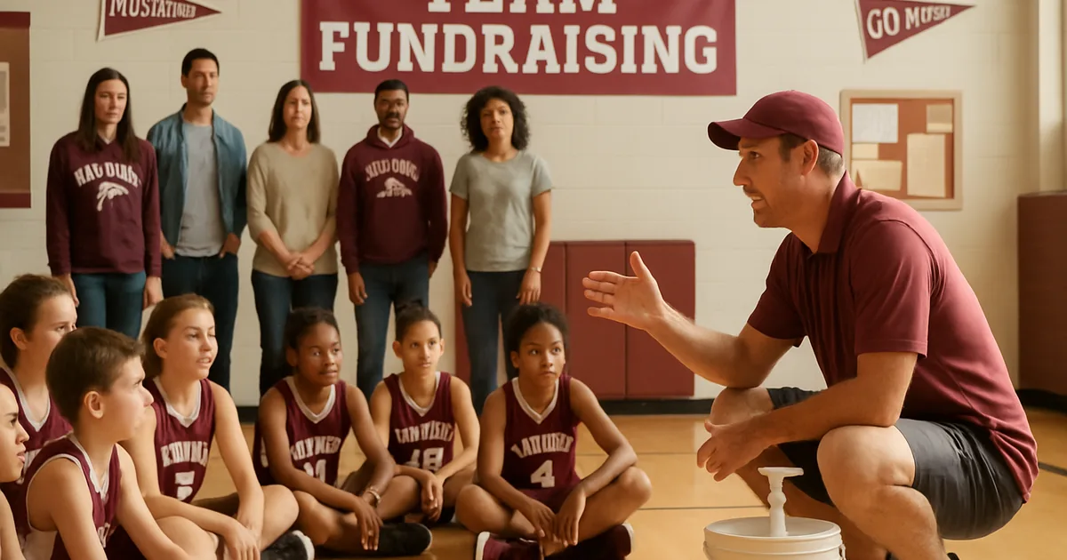 Coach talking with young players and parents seated on a gym floor