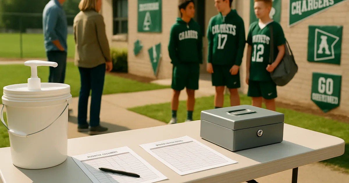Parents and young athletes at a fundraiser check-in table beside a sports field