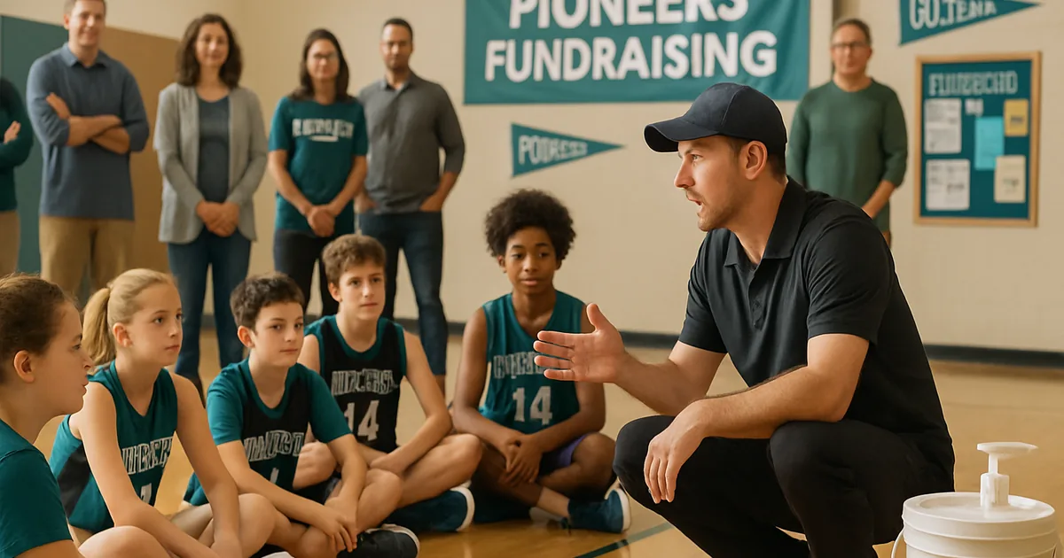 Coach talking with young players and parents seated on a gym floor