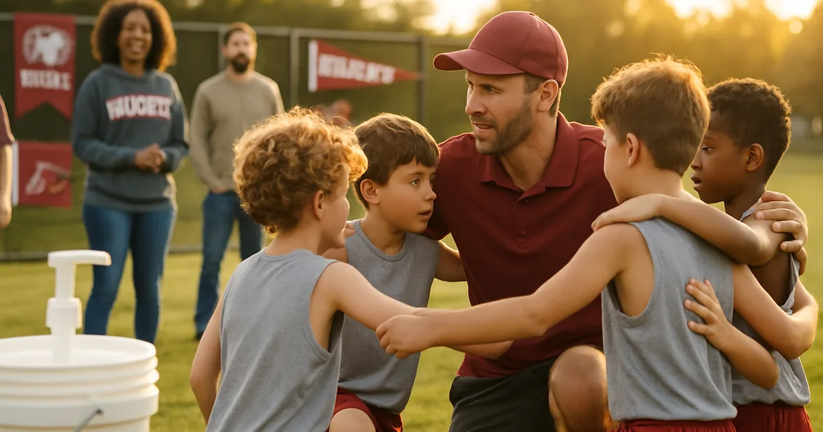 Youth sports team huddled with their coach on a practice field at golden hour