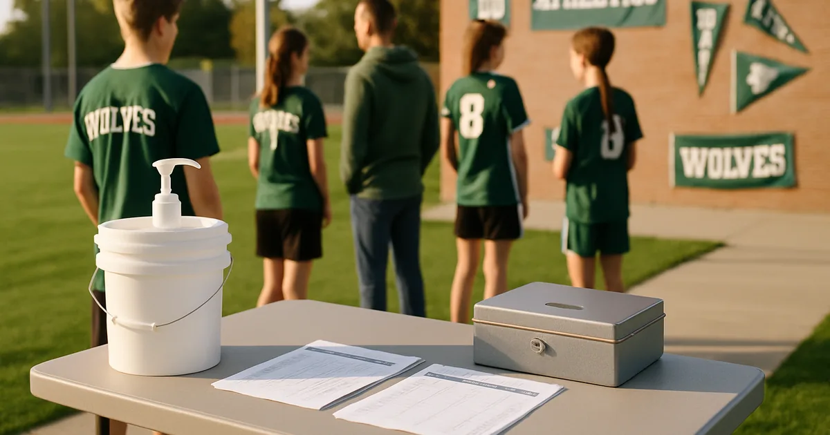 Parents and young athletes at a fundraiser check-in table beside a sports field