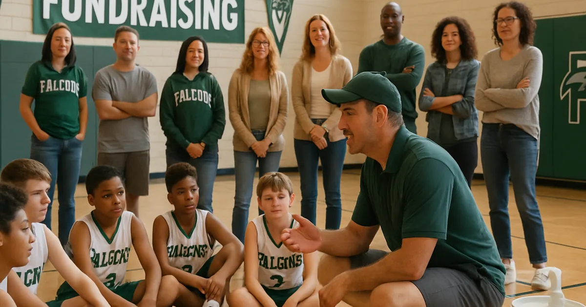Coach talking with young players and parents seated on a gym floor