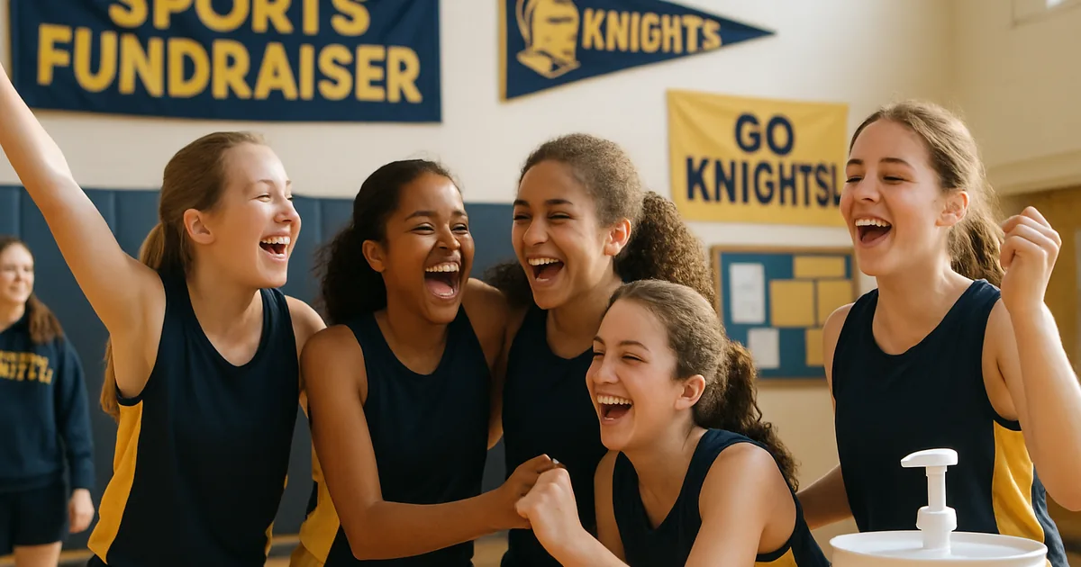 Youth team celebrating together on an indoor court