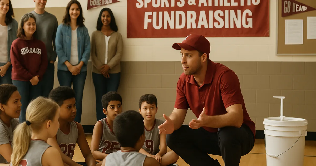 Coach talking with young players and parents seated on a gym floor