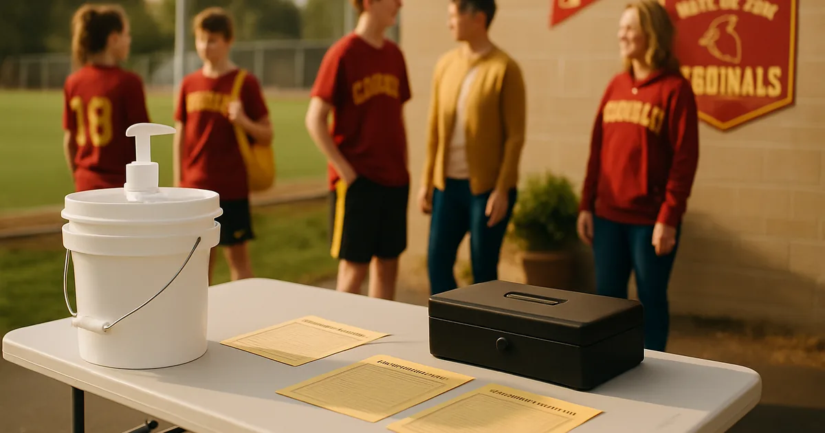 Parents and young athletes at a fundraiser check-in table beside a sports field