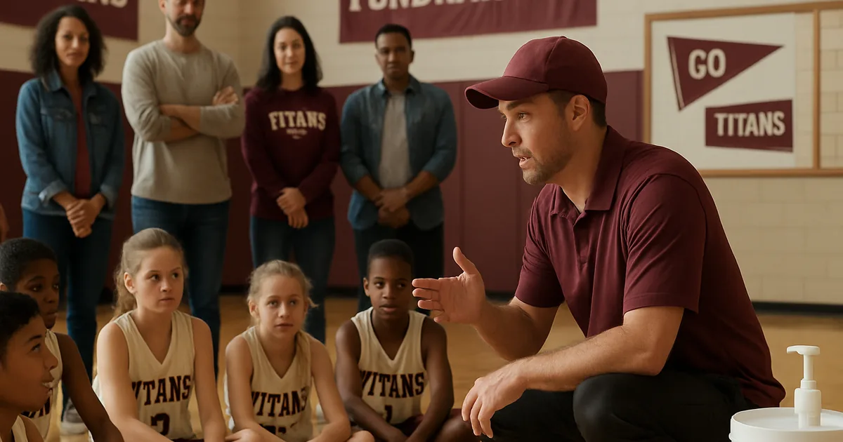 Coach talking with young players and parents seated on a gym floor