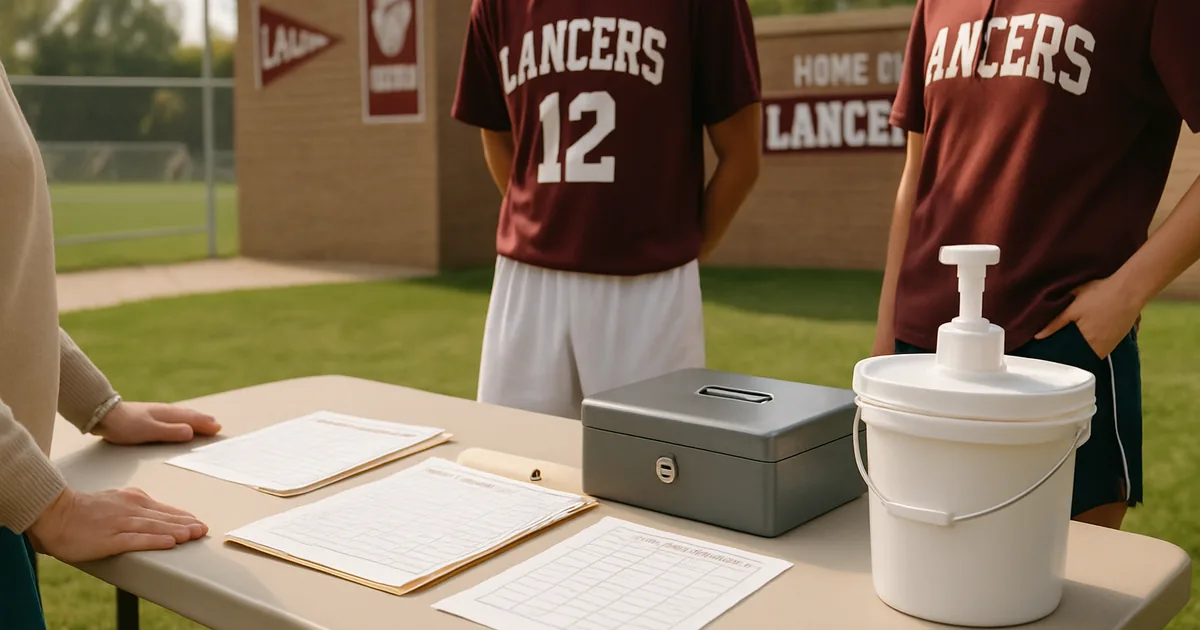 Parents and young athletes at a fundraiser check-in table beside a sports field