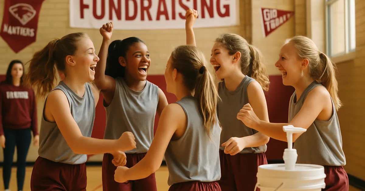 Youth team celebrating together on an indoor court